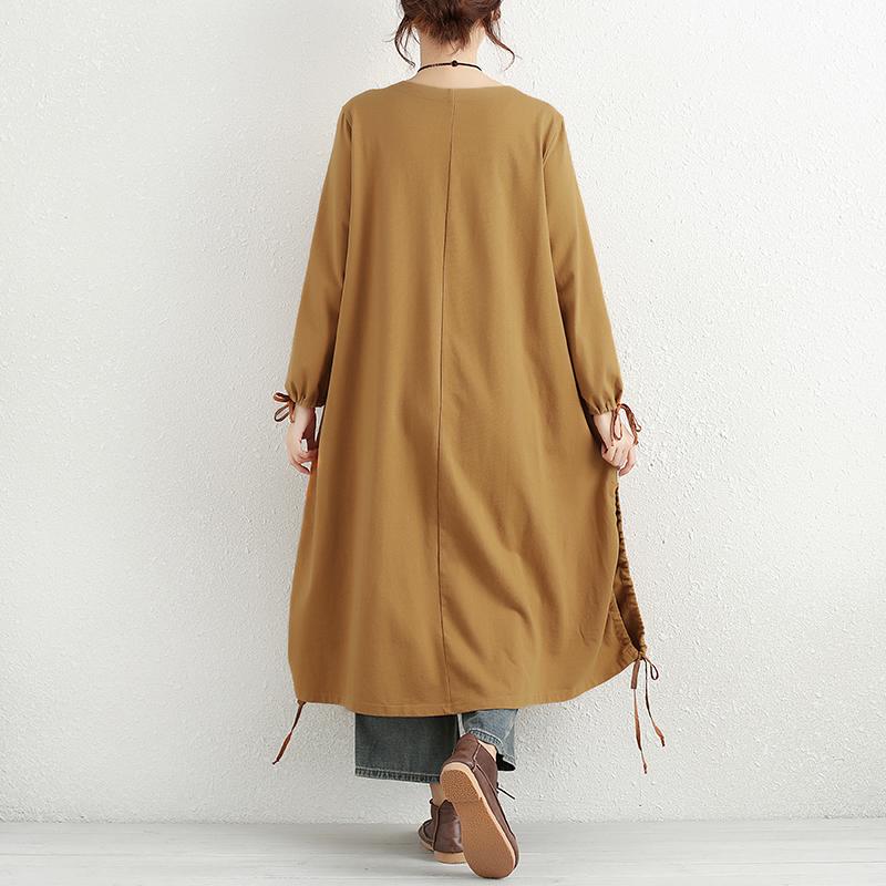 Women Long Sleeve Lacing Slit Pockets Solid Dress