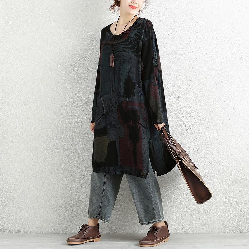 Women Autumn Casual Long Sleeve Printing Pockets Slit Sweater Shirt