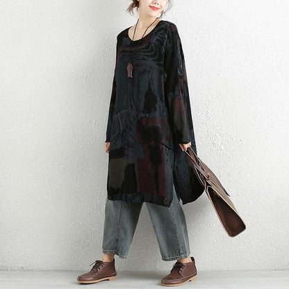Women Autumn Casual Long Sleeve Printing Pockets Slit Sweater Shirt