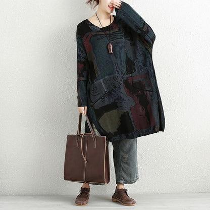 Women Autumn Casual Long Sleeve Printing Pockets Slit Sweater Shirt