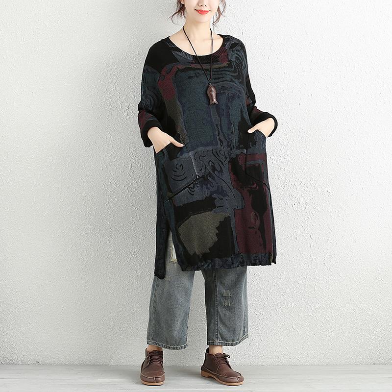 Women Autumn Casual Long Sleeve Printing Pockets Slit Sweater Shirt