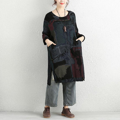 Women Autumn Casual Long Sleeve Printing Pockets Slit Sweater Shirt