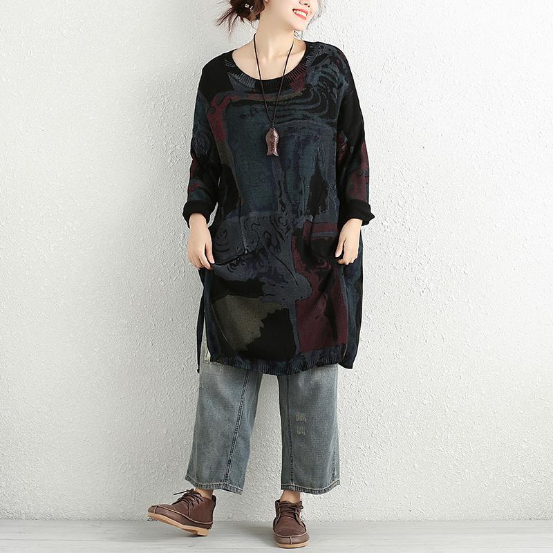 Women Autumn Casual Long Sleeve Printing Pockets Slit Sweater Shirt