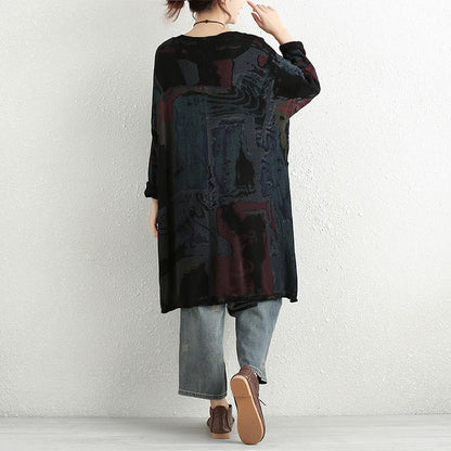 Women Autumn Casual Long Sleeve Printing Pockets Slit Sweater Shirt