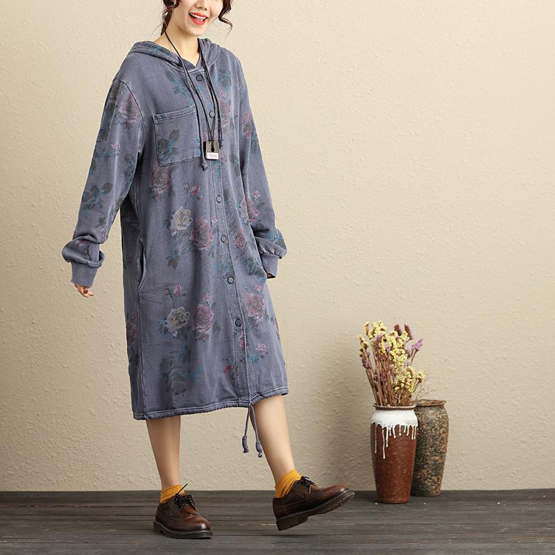 Single Breasted Long Sleeve Hooded Women Blue Floral Printing Coat