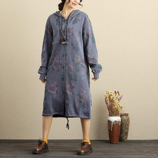 Single Breasted Long Sleeve Hooded Women Blue Floral Printing Coat