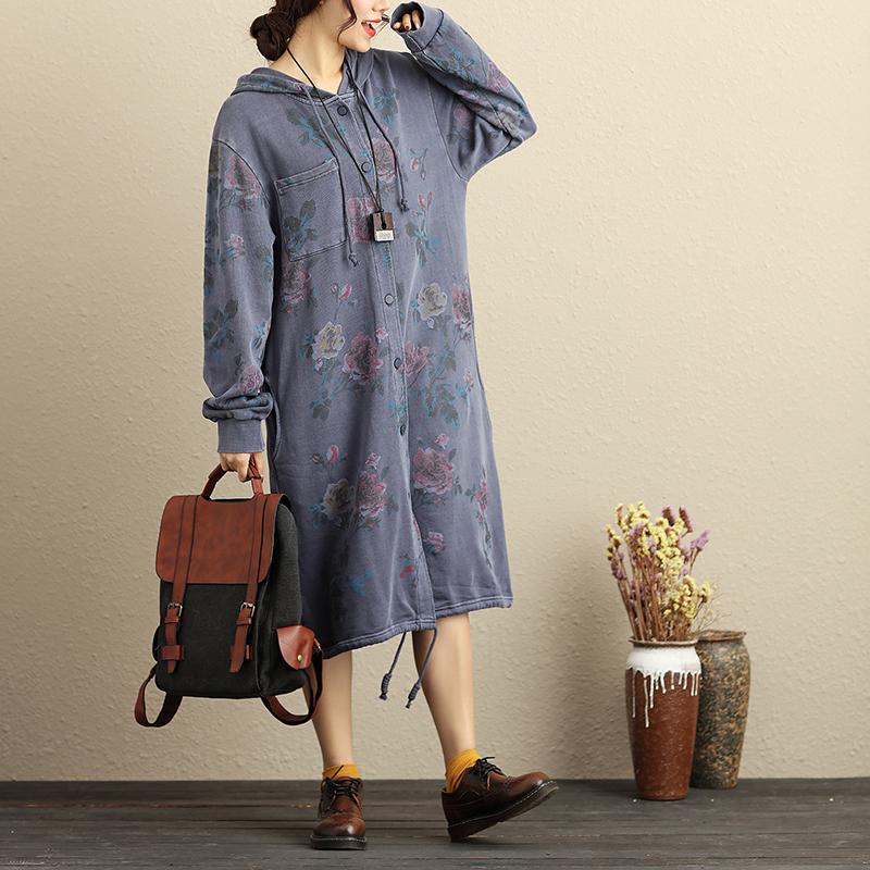 Single Breasted Long Sleeve Hooded Women Blue Floral Printing Coat