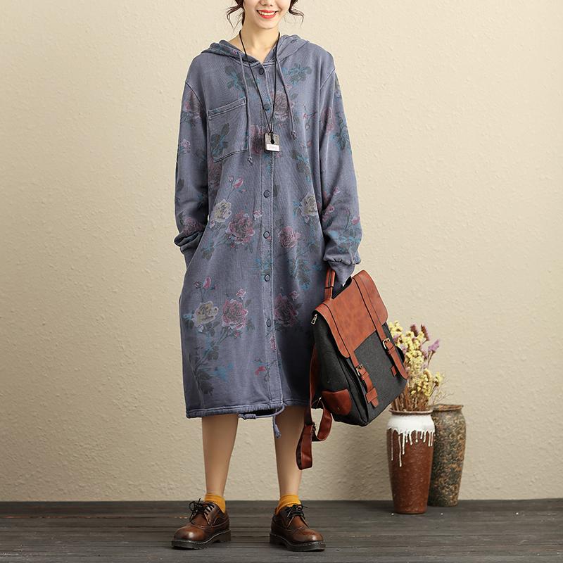 Single Breasted Long Sleeve Hooded Women Blue Floral Printing Coat