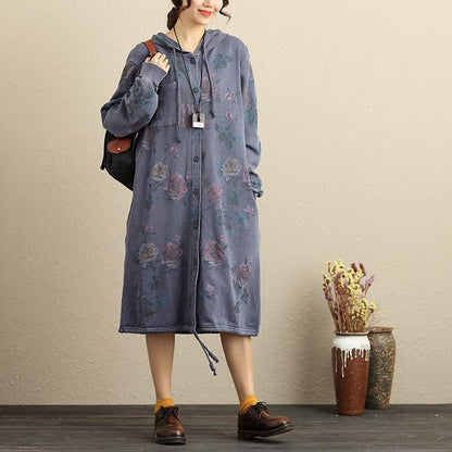 Single Breasted Long Sleeve Hooded Women Blue Floral Printing Coat