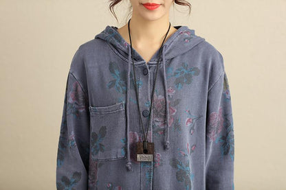 Single Breasted Long Sleeve Hooded Women Blue Floral Printing Coat