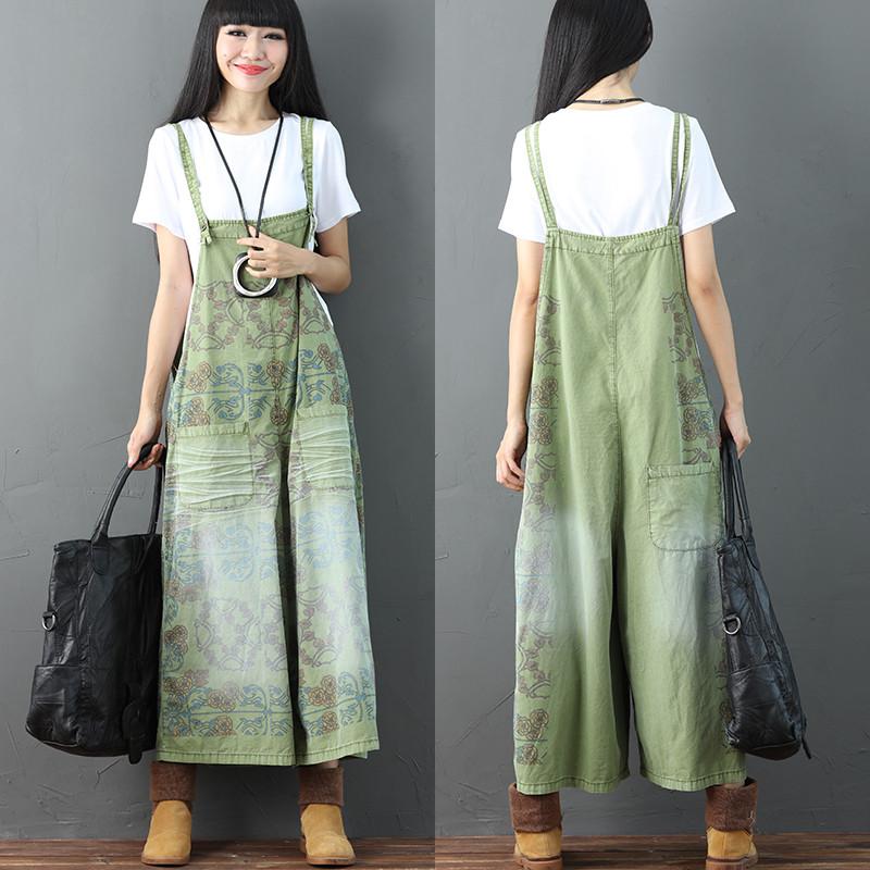 Printing Loose Pocket Casual Women Green Overalls