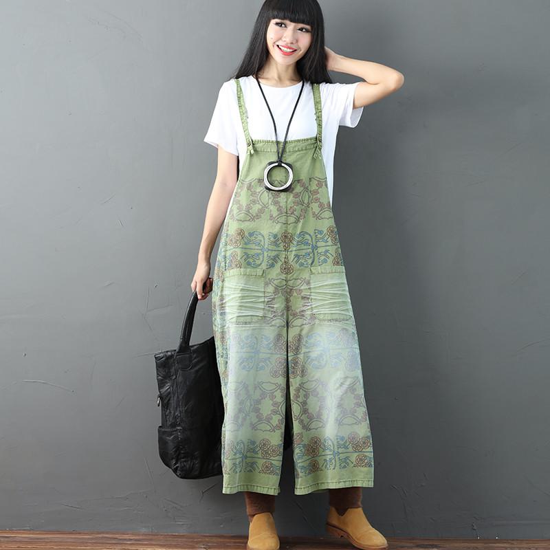 Printing Loose Pocket Casual Women Green Overalls