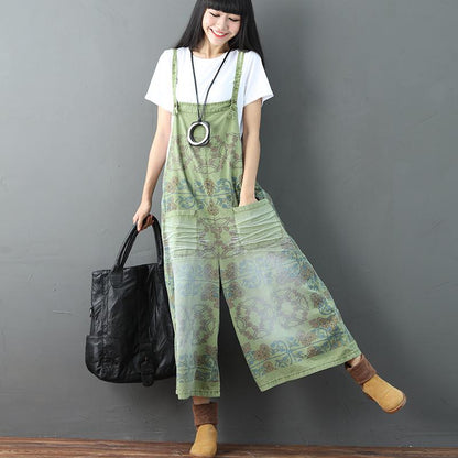 Printing Loose Pocket Casual Women Green Overalls