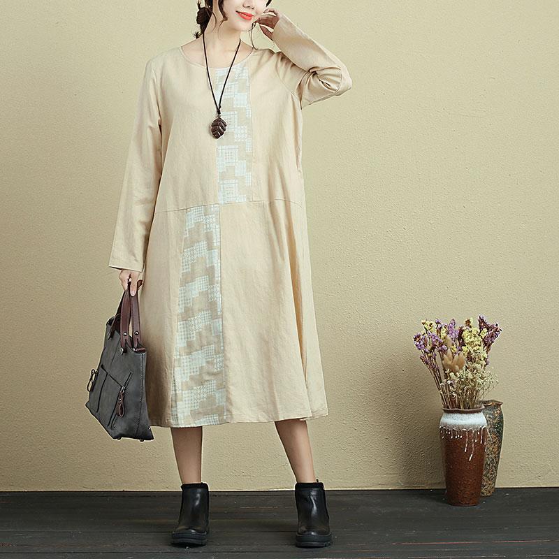 Women Round Neck Long Sleeve Casual Loose Beige Dress