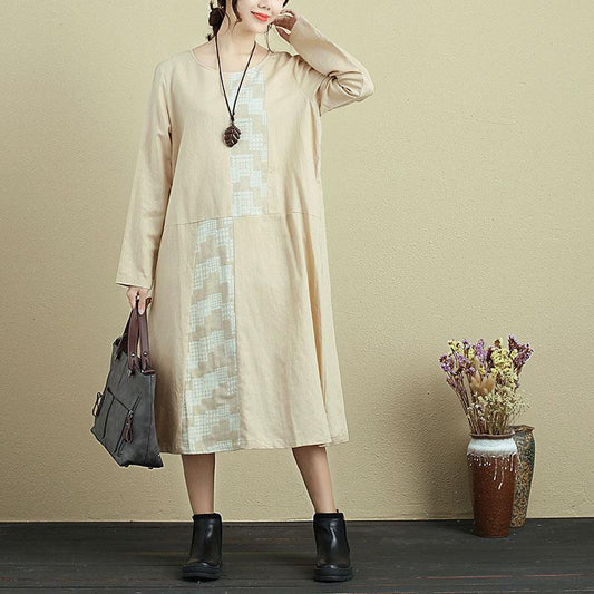 Women Round Neck Long Sleeve Casual Loose Beige Dress