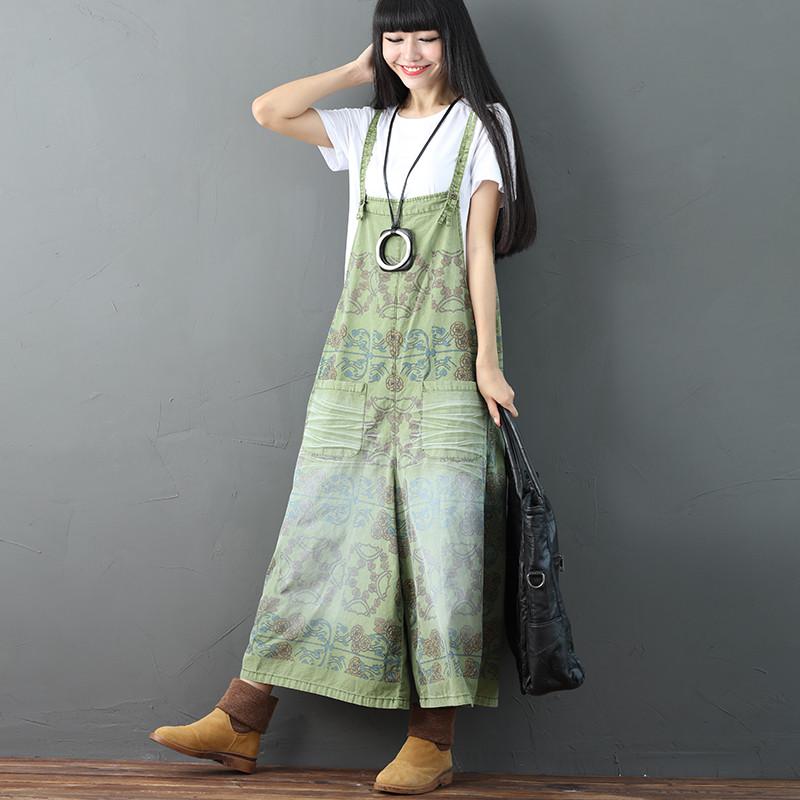 Printing Loose Pocket Casual Women Green Overalls