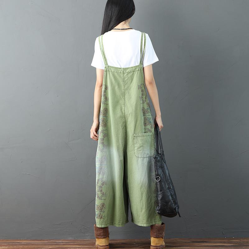 Printing Loose Pocket Casual Women Green Overalls