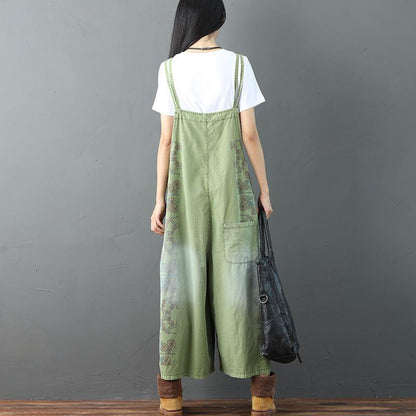 Printing Loose Pocket Casual Women Green Overalls