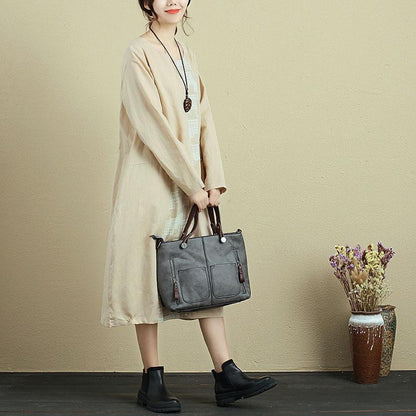 Women Round Neck Long Sleeve Casual Loose Beige Dress