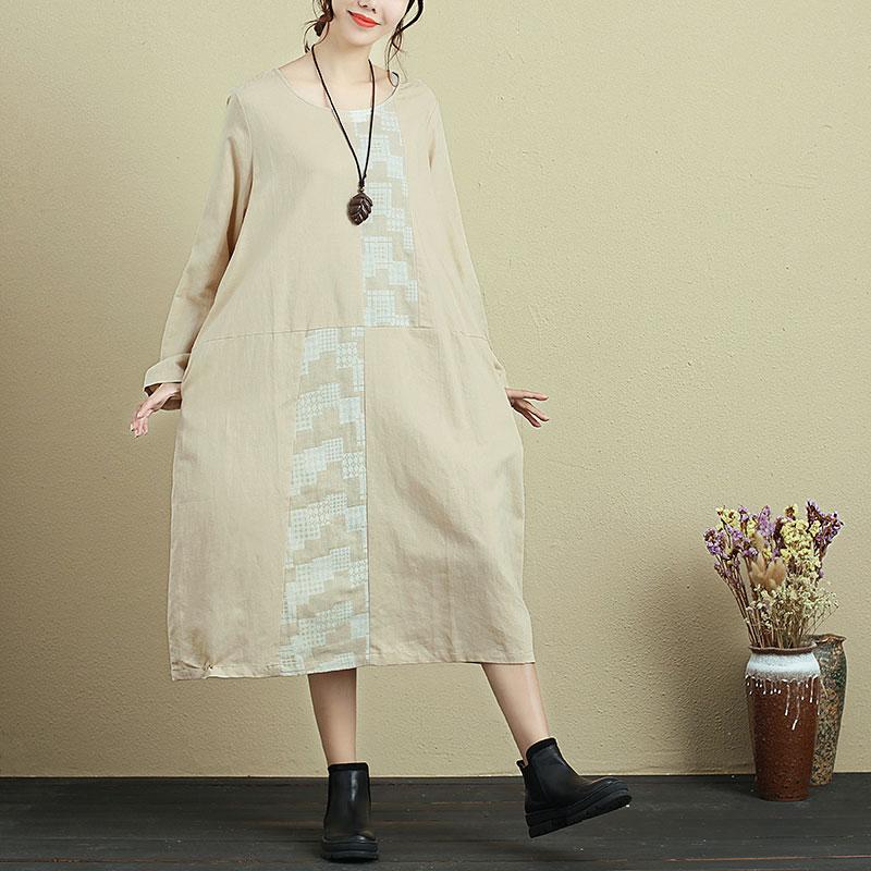 Women Round Neck Long Sleeve Casual Loose Beige Dress