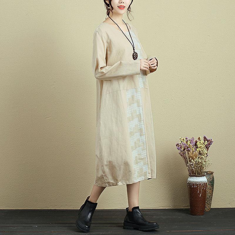 Women Round Neck Long Sleeve Casual Loose Beige Dress