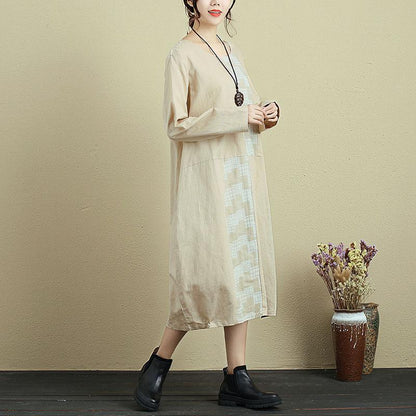 Women Round Neck Long Sleeve Casual Loose Beige Dress