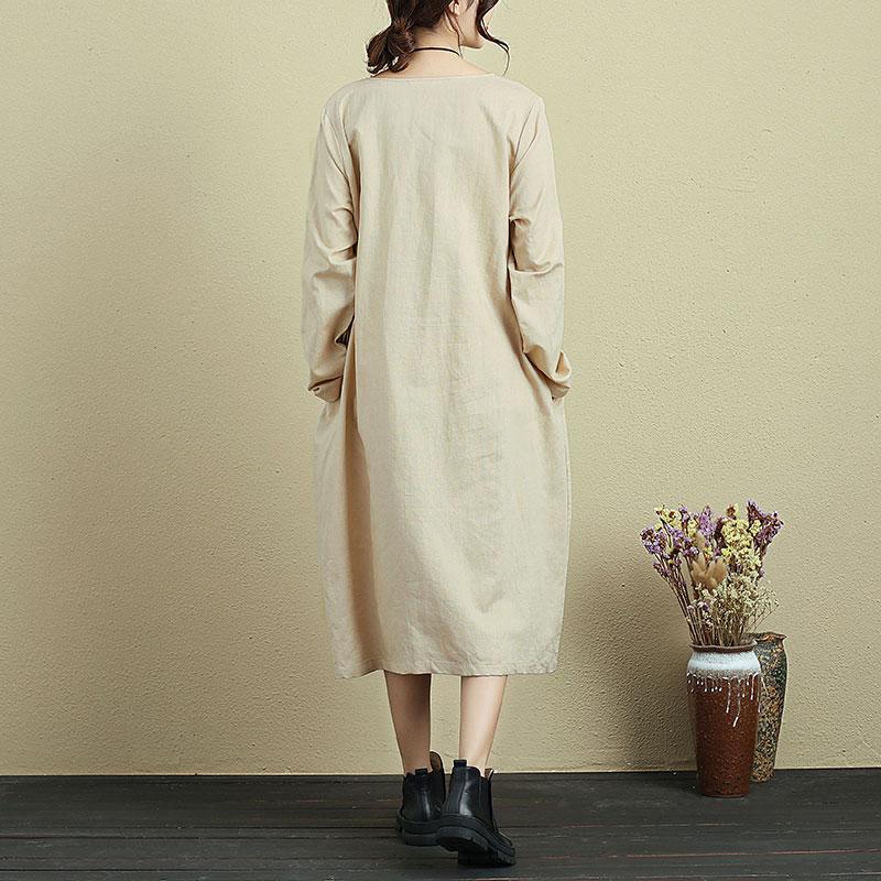 Women Round Neck Long Sleeve Casual Loose Beige Dress