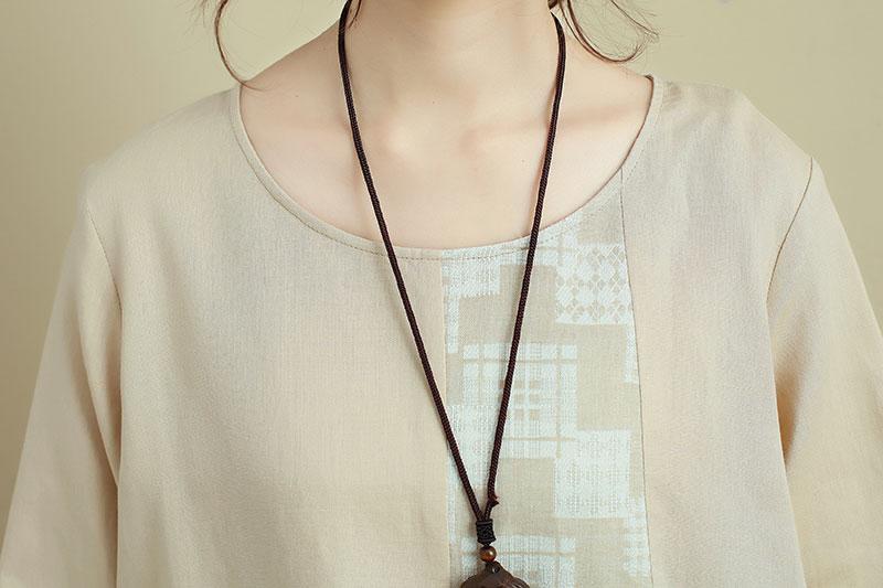 Women Round Neck Long Sleeve Casual Loose Beige Dress