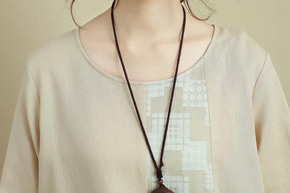Women Round Neck Long Sleeve Casual Loose Beige Dress