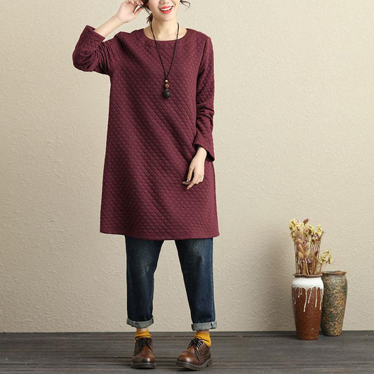 Casual Cotton Keep Warm Wine Red Winter Women Dress