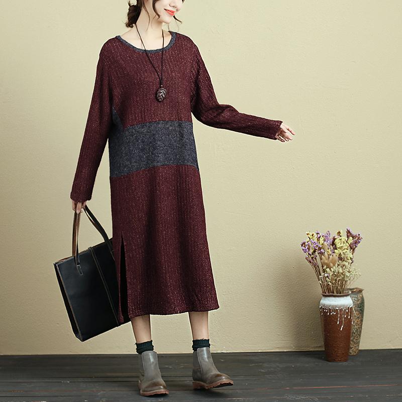 Autumn Women Round Neck Long Sleeve Splitting Sweater Dress
