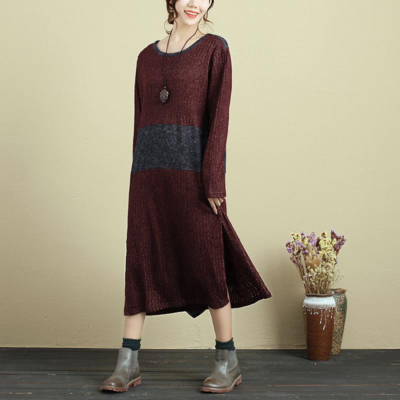 Autumn Women Round Neck Long Sleeve Splitting Sweater Dress