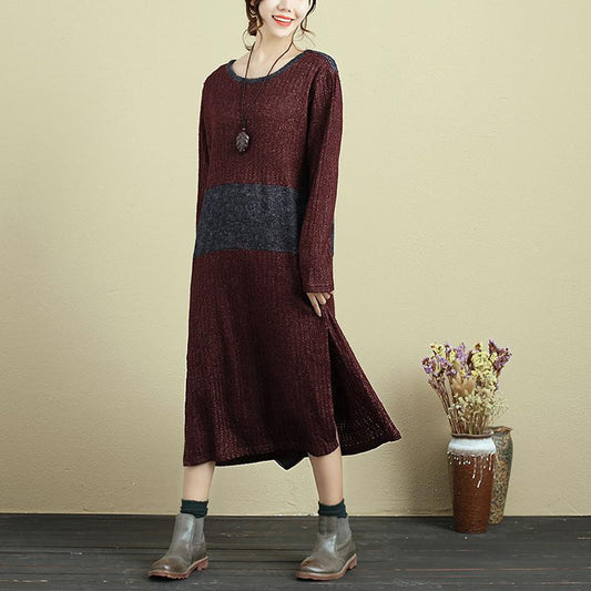 Autumn Women Round Neck Long Sleeve Splitting Sweater Dress