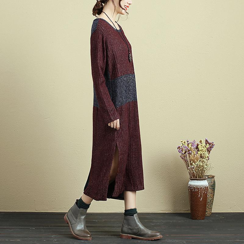 Autumn Women Round Neck Long Sleeve Splitting Sweater Dress