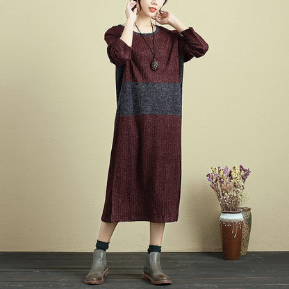 Autumn Women Round Neck Long Sleeve Side Slit Dress