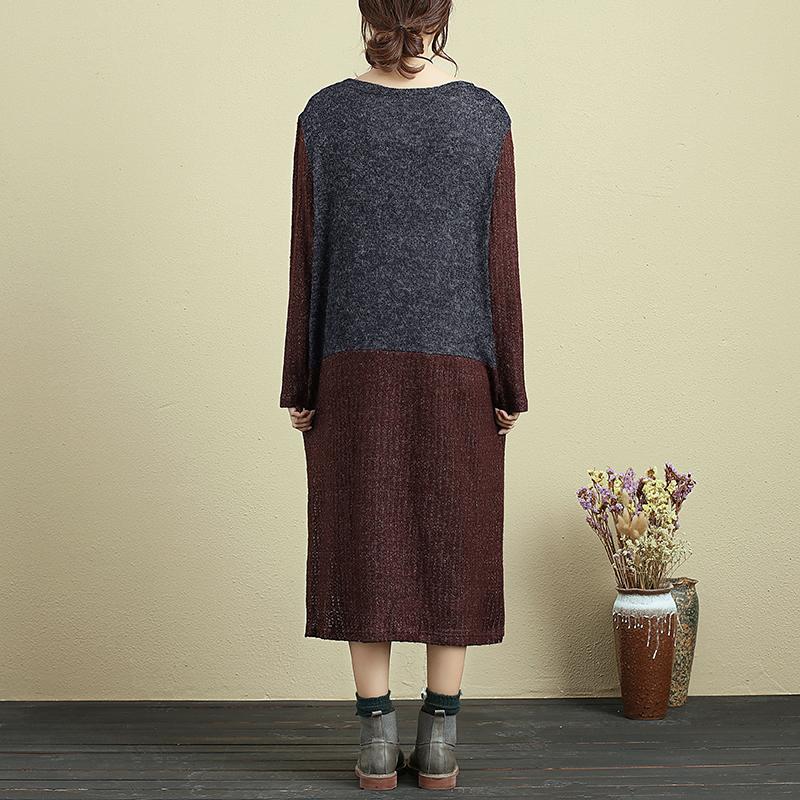 Autumn Women Round Neck Long Sleeve Splitting Sweater Dress