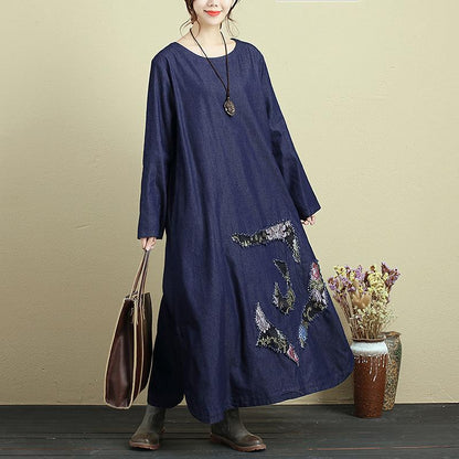 Embroidery Women Round Neck Long Sleeve Denim Maxi Dress