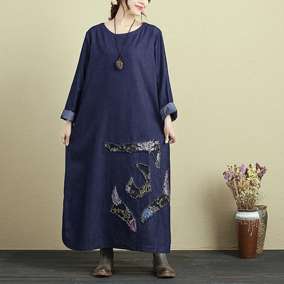 Embroidery Women Round Neck Long Sleeve Denim Maxi Dress