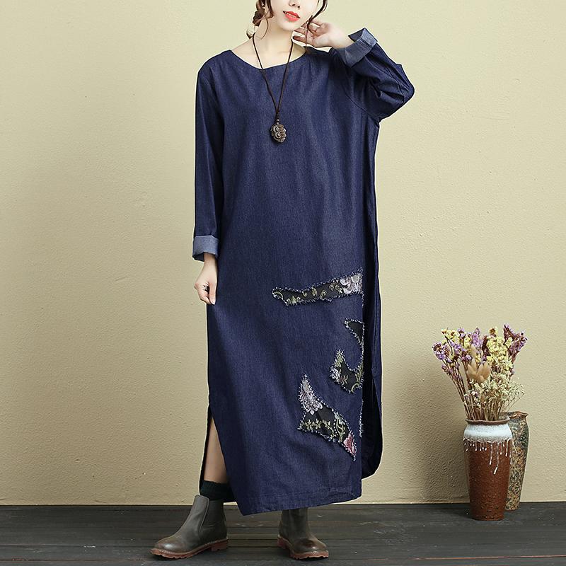 Embroidery Splicing Women Round Neck Long Sleeve Denim Dress
