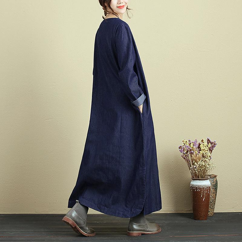 Embroidery Splicing Women Round Neck Long Sleeve Denim Dress