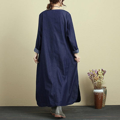 Embroidery Women Round Neck Long Sleeve Denim Maxi Dress