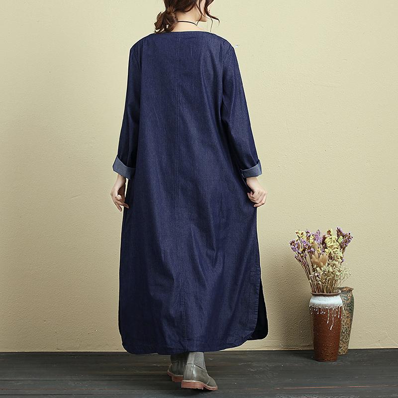 Embroidery Splicing Women Round Neck Long Sleeve Denim Dress