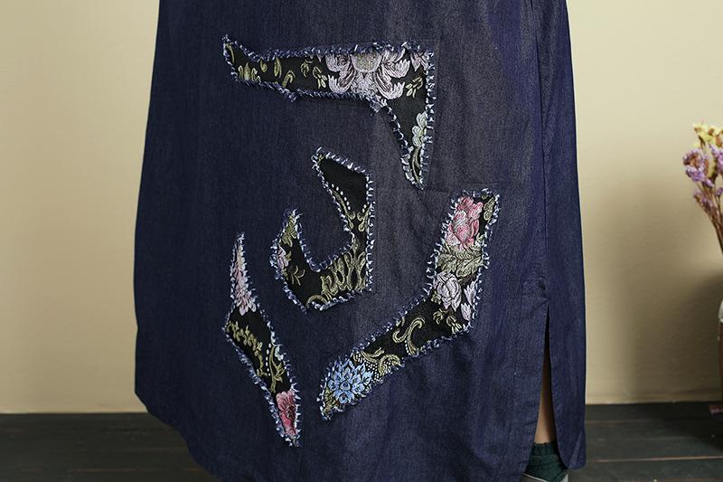 Embroidery Splicing Women Round Neck Long Sleeve Denim Dress