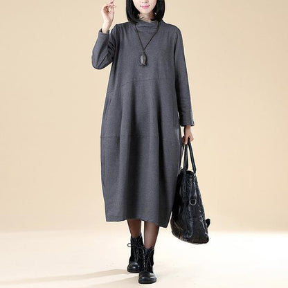 Women Autumn Semi-High Collar Long Sleeve Pockets Dark Gray Dress