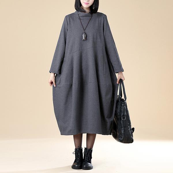 Women Autumn Semi-High Collar Long Sleeve Pockets Dark Gray Dress