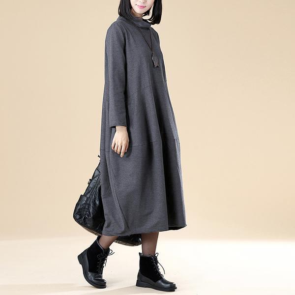 Women Autumn Semi-High Collar Long Sleeve Pockets Dark Gray Dress