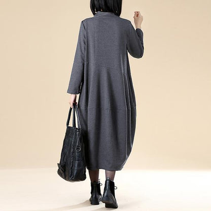 Women Autumn Semi-High Collar Long Sleeve Pockets Dark Gray Dress