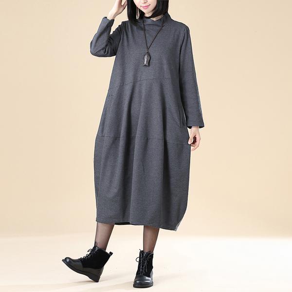 Women Autumn Semi-High Collar Long Sleeve Pockets Dark Gray Dress