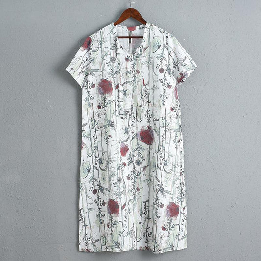 Casual Short Sleeve Linen Loose Printing Dress