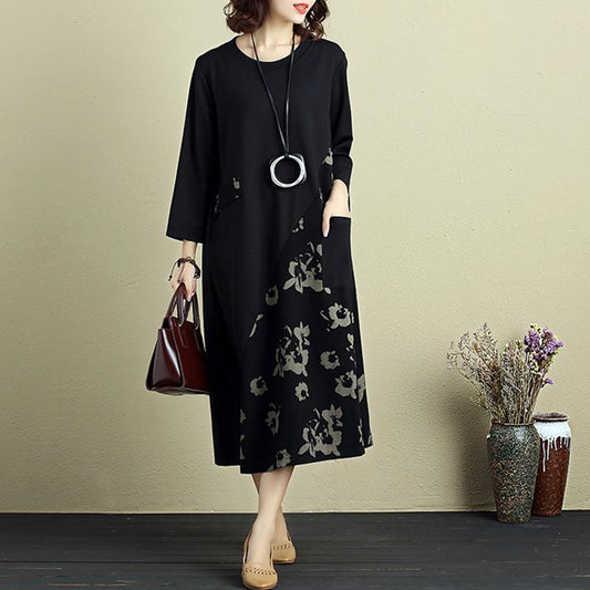 Fashion Women Round Neck Three Quarter Sleeve Splicing Printing Dress
